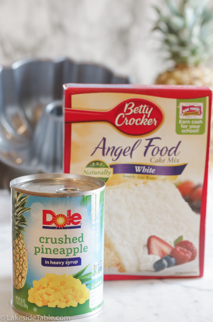 2 ingredients crushed pineapple and a box of angel food cake mix