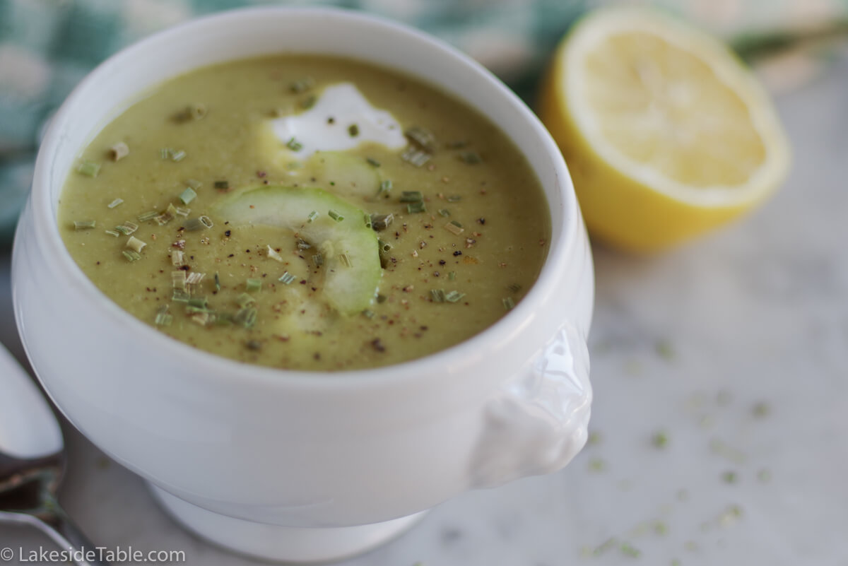 Asparagus Soup Recipe - Always a hit for Easter Brunch! Topped with cucumber, yogurt & chives. It's so good! | www.lakesidetable.com