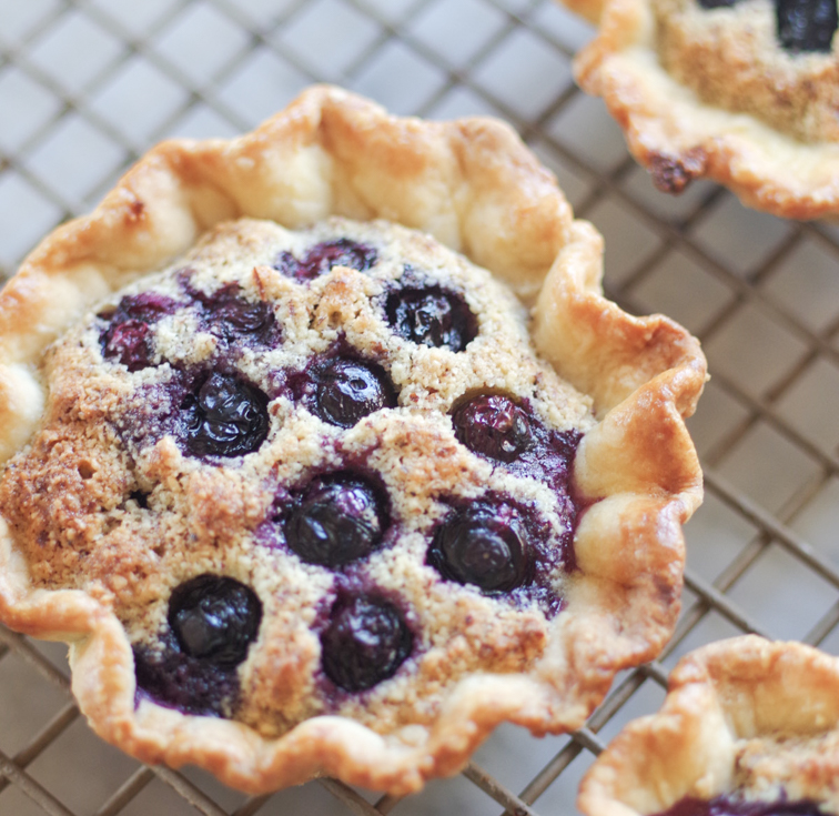 close up of a mini blueberry tart on a cooling rack