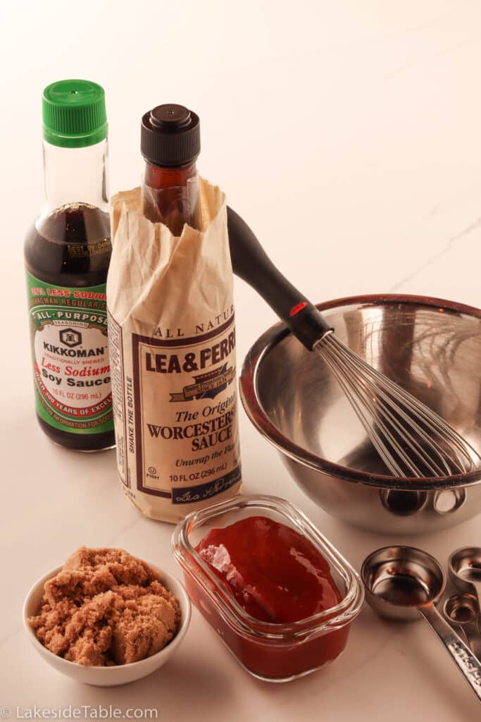 meatloaf glaze ingredients: soy sauce, worceshire sauce, brown sugar, ketchup