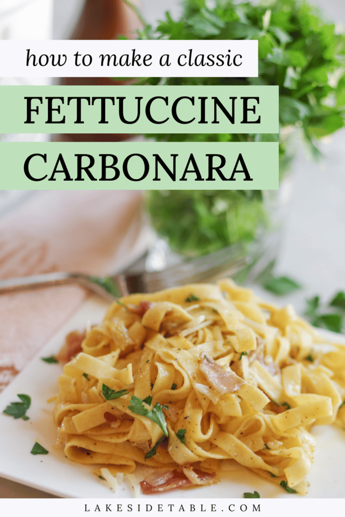 Easy healthy fast dinner is served with Fettuccine Carbonara.  Make it in 30 minutes or less! Perfect for week night dinners or weekend lunches. Family friendly and tasty!