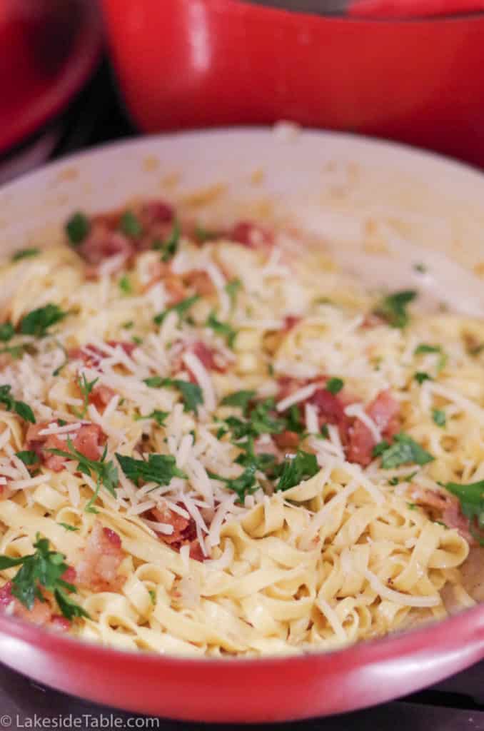 bacon garlic and onion is the base for fettuccine carbonara