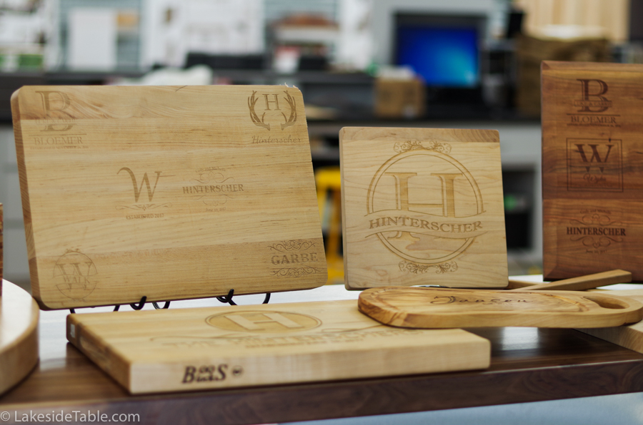 Several boos butcher blocks with engraving samples