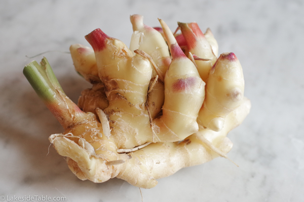white fresh baby ginger root with pink tips