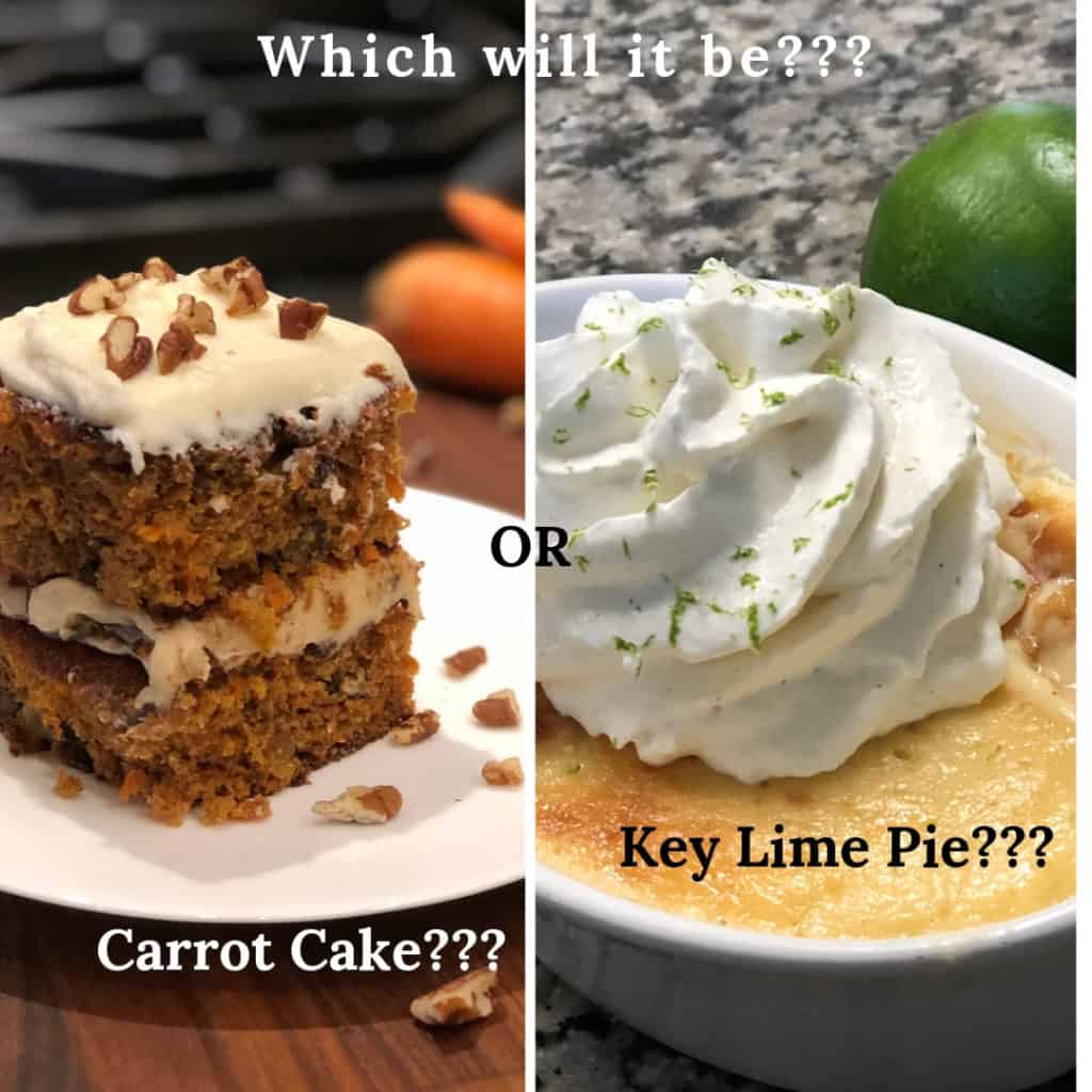 2 pictures side by side of carrot cake and key lime pie with whip cream