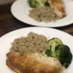 plate of roasted chicken, rice pilaf and steamed broccoli