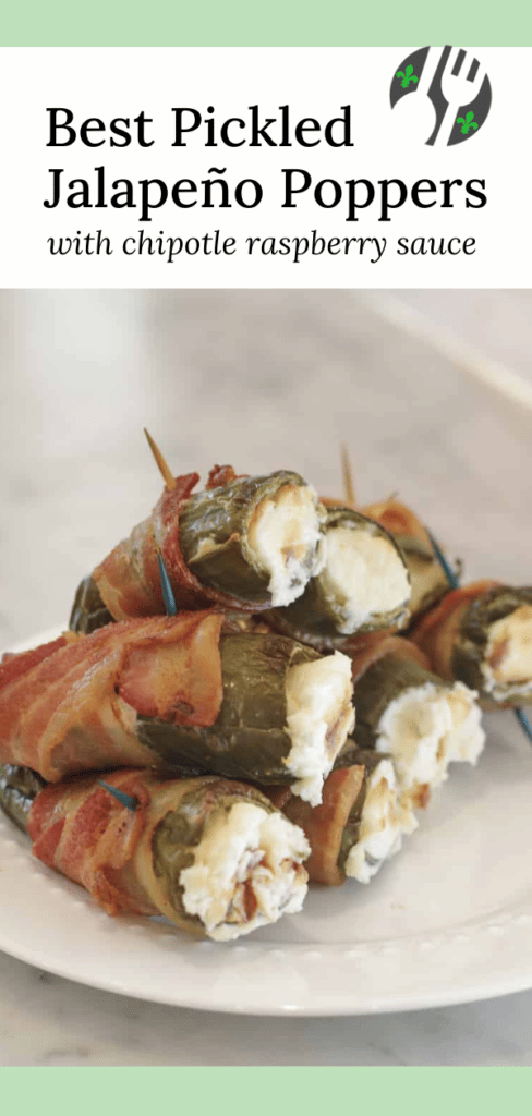 Perfect appetizer for the holidays or game day.   Roasted pickled jalapeño poppers stuffed with herb cream cheese and wrapped with bacon.