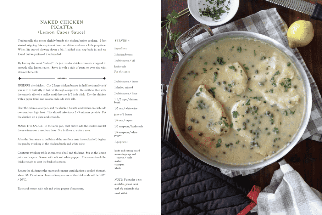 sample cookbook pages with chicken in pan and piccata sauce