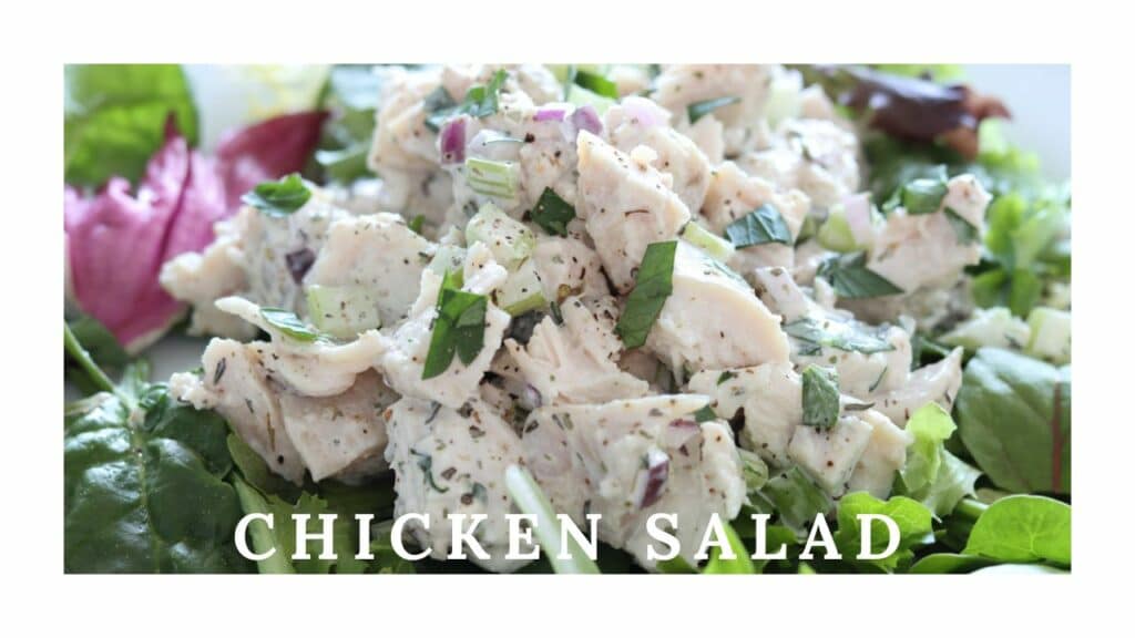 Chicken Salad YouTube thumbnail of chicken salad close up piled on lettuce. click on picture to go to video