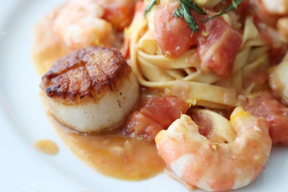 close up of seared scallop in pasta dish with shrimp, tomatoes, and basil on a white plate