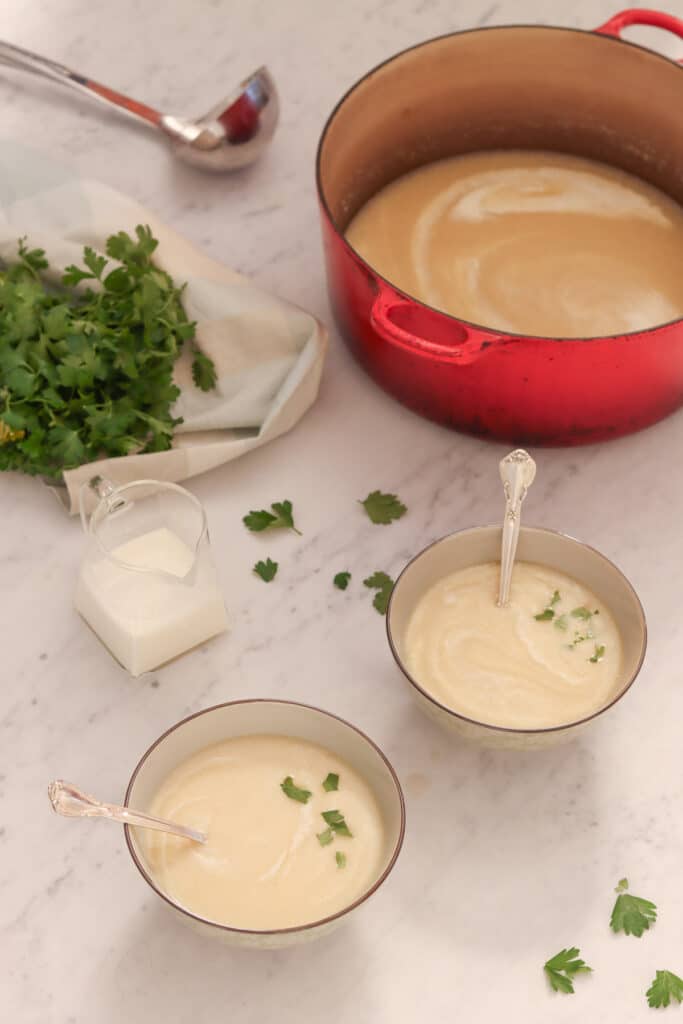 two bowls of soup on a marble table with a bunch of green parsley and a red pot of soup