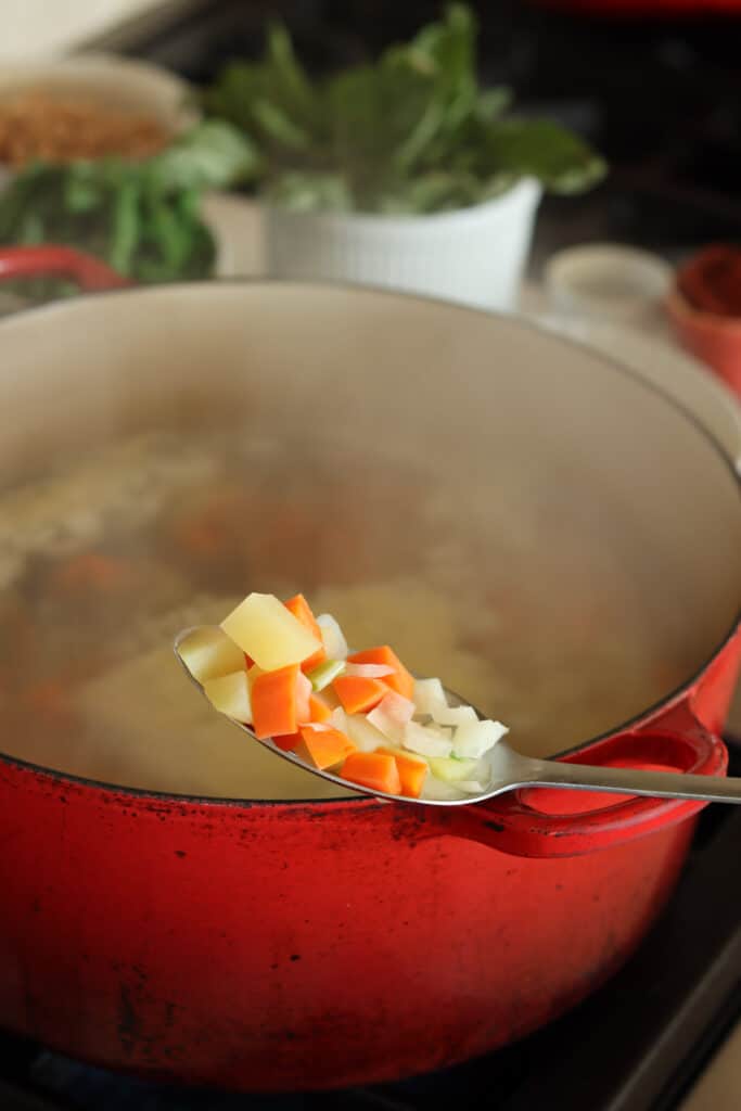 Steaming pot of soup behind a spoon full of onions, carrots, and potatoes