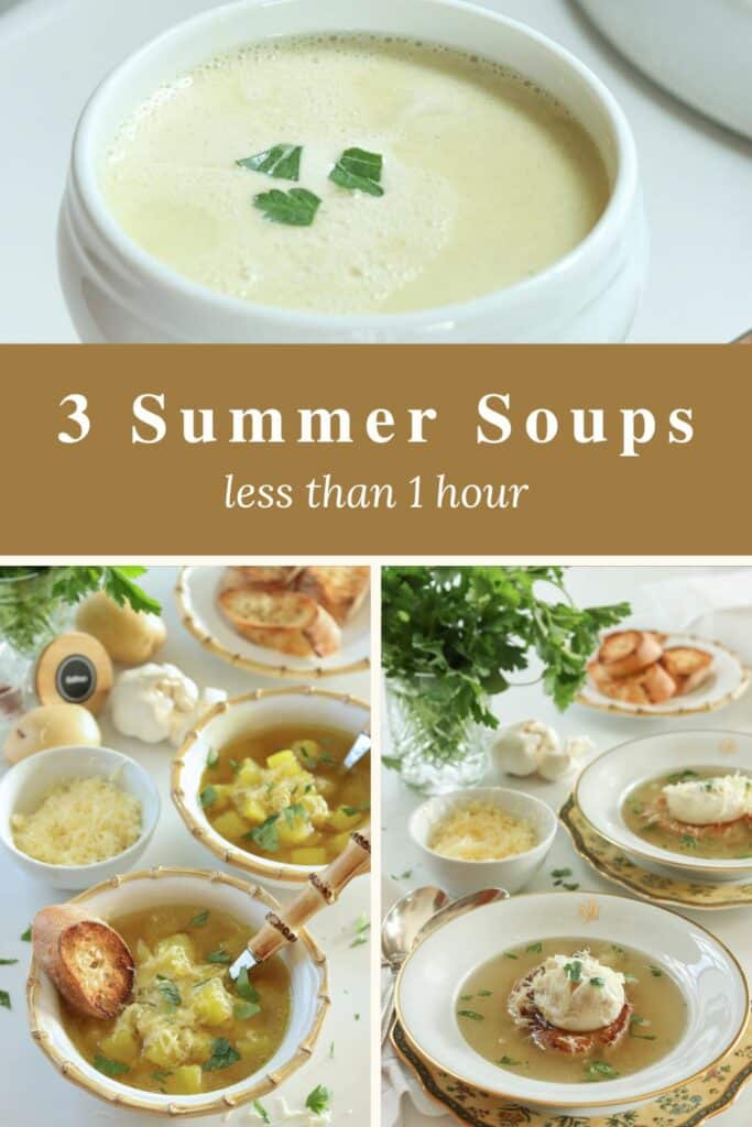 Meal prep just got easier with this 3 in one soup recipe from Julia Child.  Healthy Garlic Soup is perfect for light summer dinners.  Help keep your immune system boosted and fight summer colds with super tasty garlic soups full of antioxidants and bursting with flavor.  Make any of these soups in less than an hour.  Easy, fast, healthy, and delicious! 